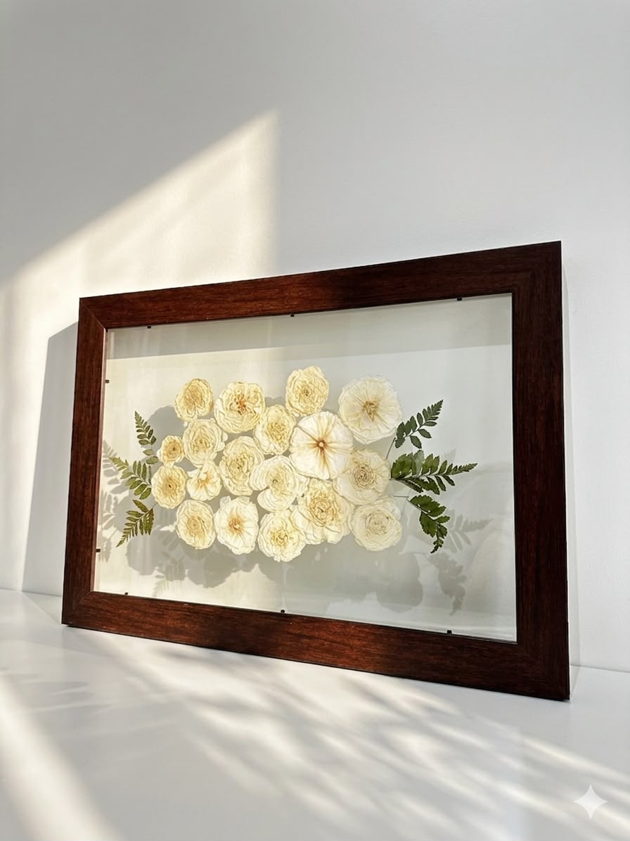 Pressed ivory roses and ferns framed in dark walnut